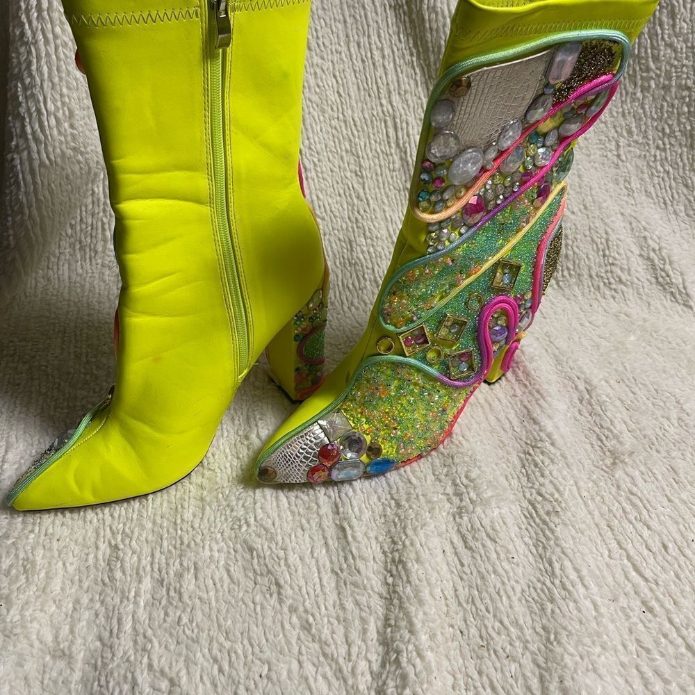 Rumbidra synthetic Neon green mid calf heel boots Colorful embellishments SZ11 - Picture 6 of 15